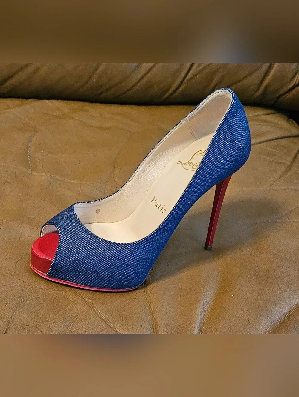 Christian Louboutin Denim Peep-Toe Platform Pump Heels Size 4 US